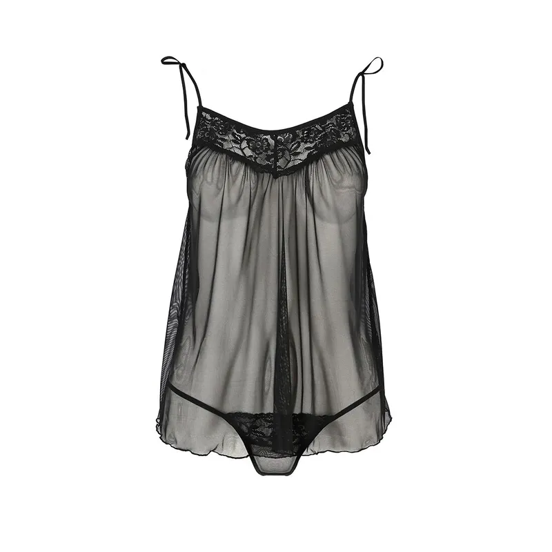 Сорочка прозора Passion MELANIA CHEMISE black XXL/XXXL, трусики в комплекті