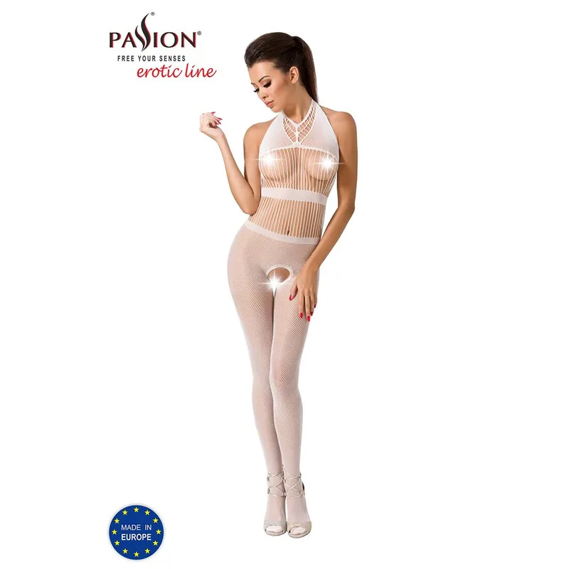 Бодістокінг Passion BS048 white, сітка-комбінезон з розрізом у кроці
