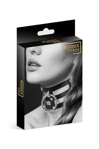 Чокер потрійний Bijoux Pour Toi FETISH з кільцем для повідця, чорний