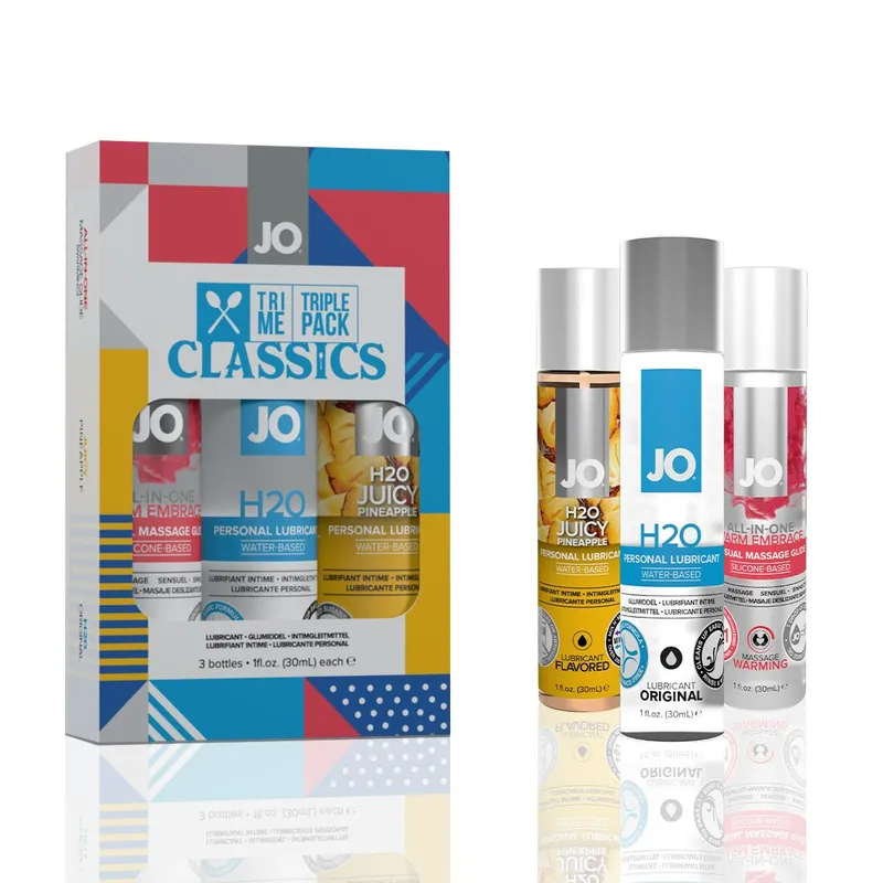 Набір JO Tri-Me Triple Pack — Classics (3×30 мл), водна, силіконова та смакова змазки