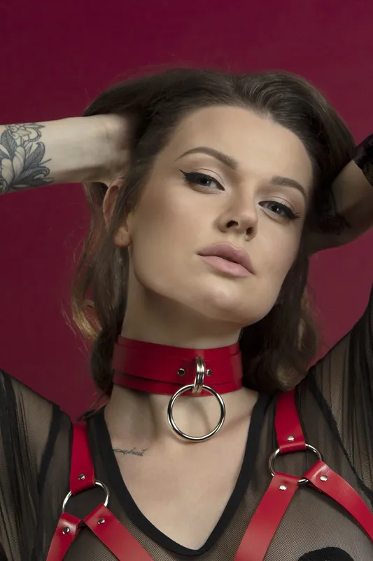 Чокер-нашийник Feral Feelings Collar червоний, натуральна шкіра, з кільцем для повідця