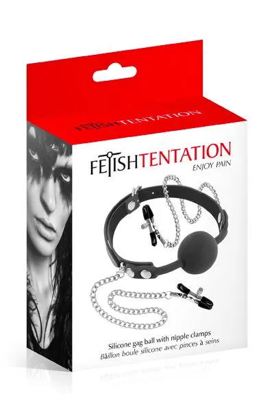 Кляп із силіконовою кулькою та затискачами для сосків Fetish Tentation Gag Ball with Nipple Clamps