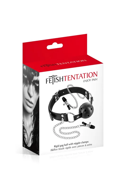 Кляп із затискачами для сосків Fetish Tentation Rigid Gag Ball with Nipple Clamps