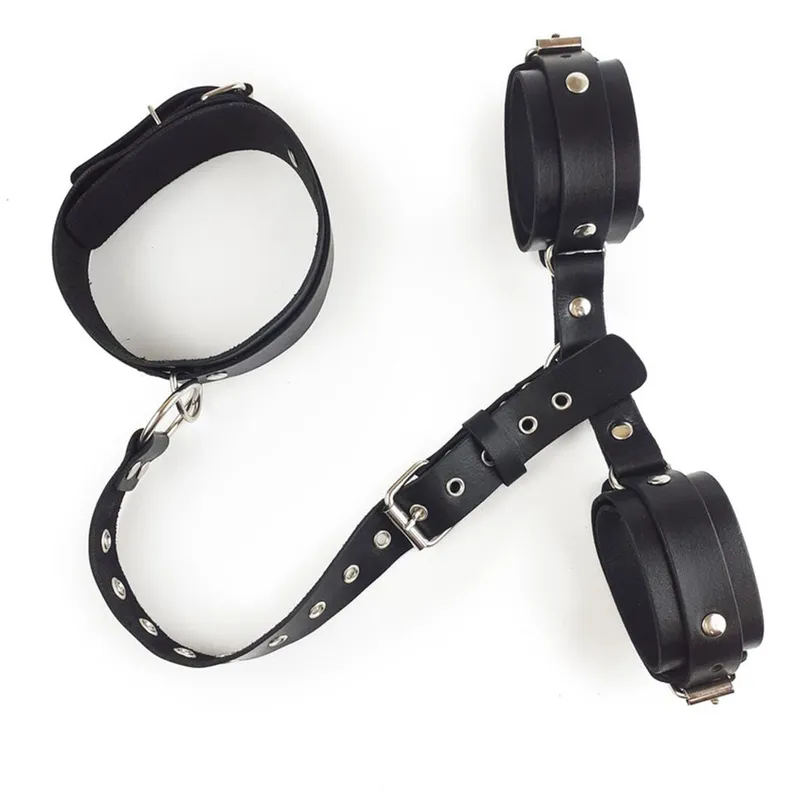 Фіксатори для шиї та рук Art of Sex - Bondage Set, натуральна шкіра, чорний
