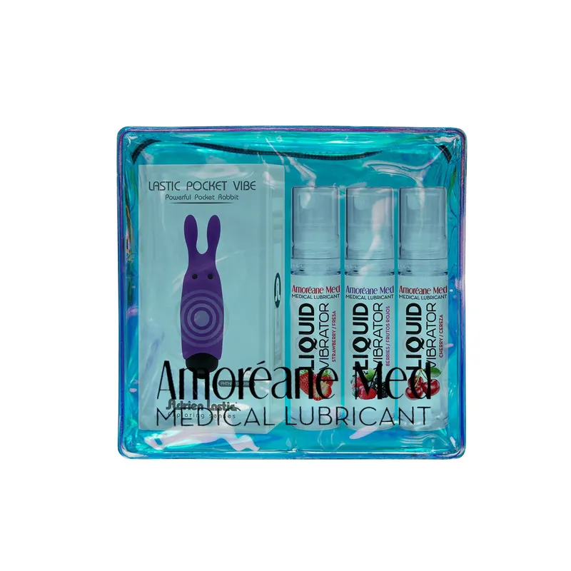 Набір Amoreane Med: 3 смаки стимулюючого лубриканту (3×10 мл) та вібропуля Adrien Lastic Purple