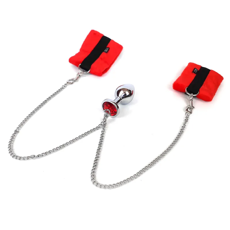 Наручники з металевою анальною пробкою Art of Sex Handcuffs with Metal Anal Plug, size M, Red