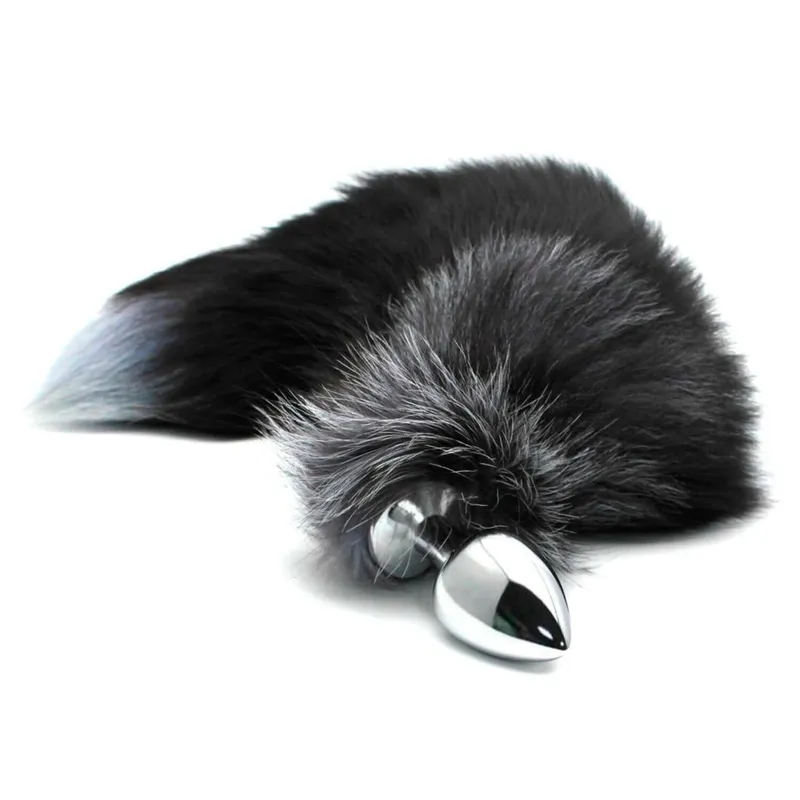 Металева анальна пробка з лисячим хвостом Alive Black And White Fox Tail L, діаметр 3,9 см