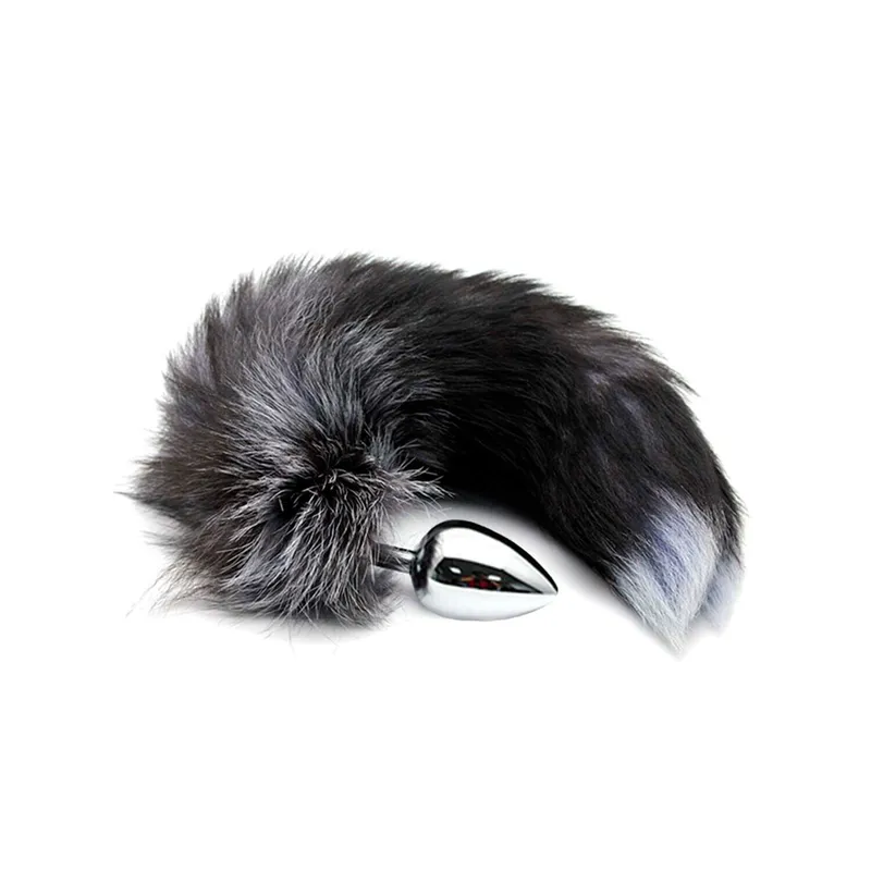 Металева анальна пробка з лисячим хвостом Alive Black And White Fox Tail L, діаметр 3,9 см