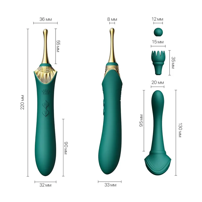 Вагінально-кліторальний вібратор Zalo Bess Turquoise Green з трьома насадками