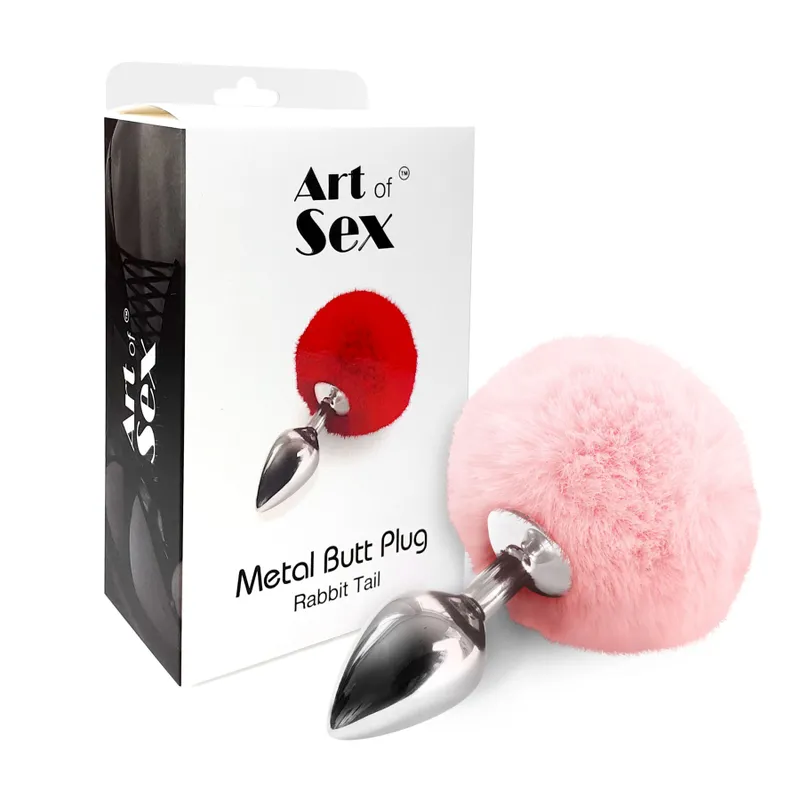 Металева анальна пробка Art of Sex - Metal Butt plug Rabbit Tail, ніжно-рожевий, 17 см