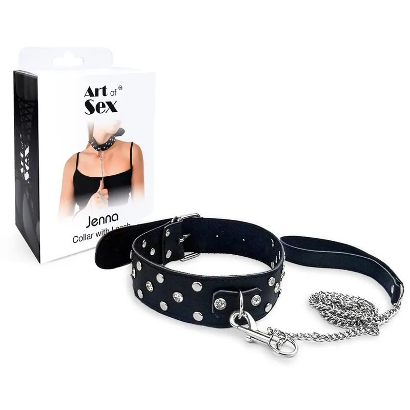 Нашийник з повідцем Art of Sex Jenna Collar with Leash, чорний, натуральна шкіра