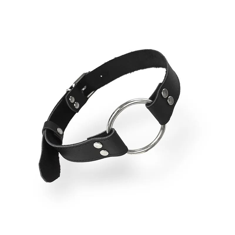 Кляп-кільце металеве на ременях Art of Sex – Gag Ring Metal, чорний, натуральна шкіра