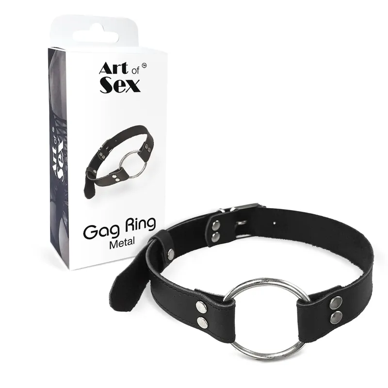 Кляп-кільце металеве на ременях Art of Sex – Gag Ring Metal, чорний, натуральна шкіра