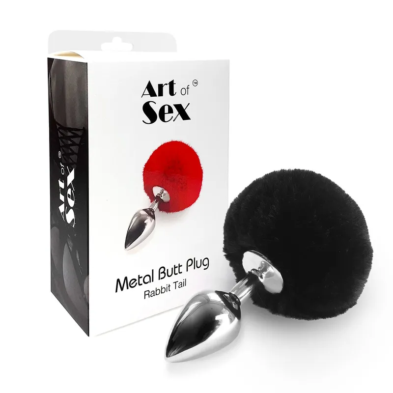 Металева анальна пробка Art of Sex - Metal Butt plug Rabbit Tail Black, діаметр 3,4 см