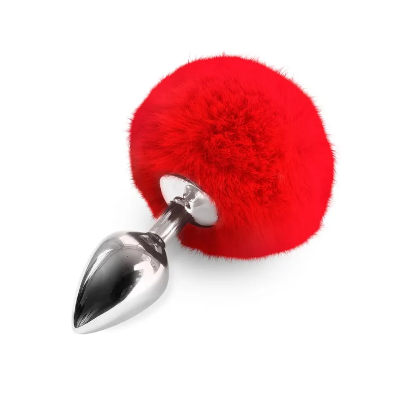 Металева анальна пробка Art of Sex - Metal Butt plug Rabbit Tail Red, діаметр 3,4 см