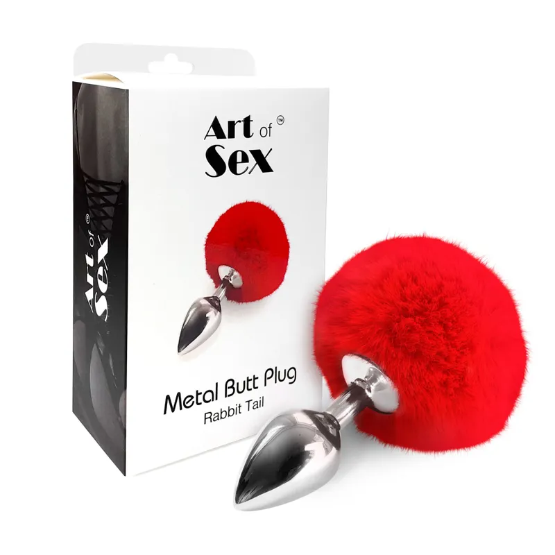 Металева анальна пробка Art of Sex - Metal Butt plug Rabbit Tail Red, діаметр 3,4 см