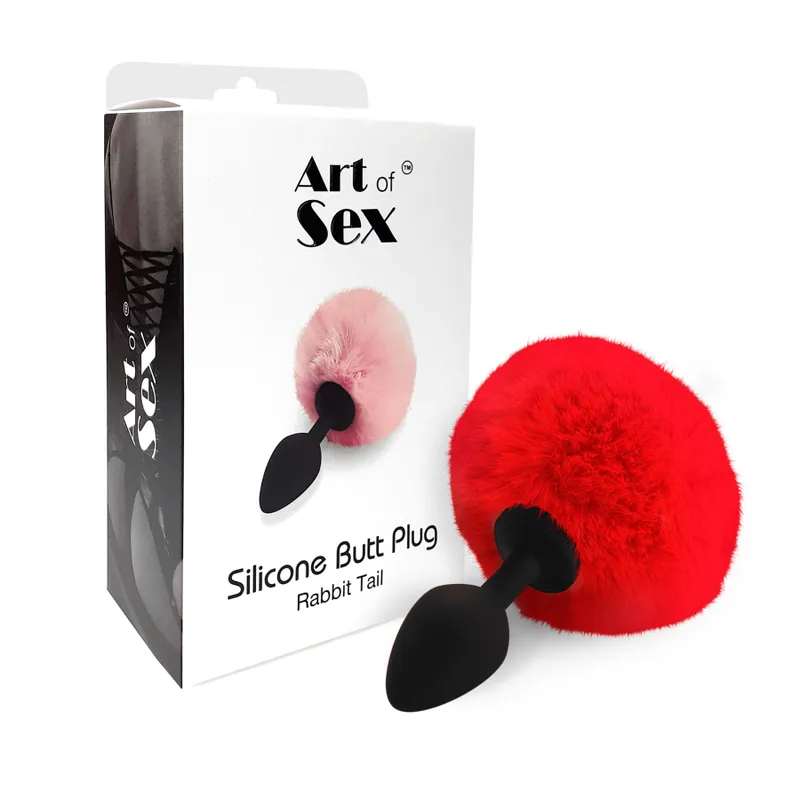Анальна пробка М Art of Sex Silicone Butt Plug Rabbit Tail, червона, діаметр 3,5 см