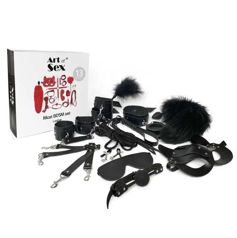 Набір BDSM Art of Sex – Maxi BDSM Set Leather, 13 предметів, чорний, натуральна шкіра