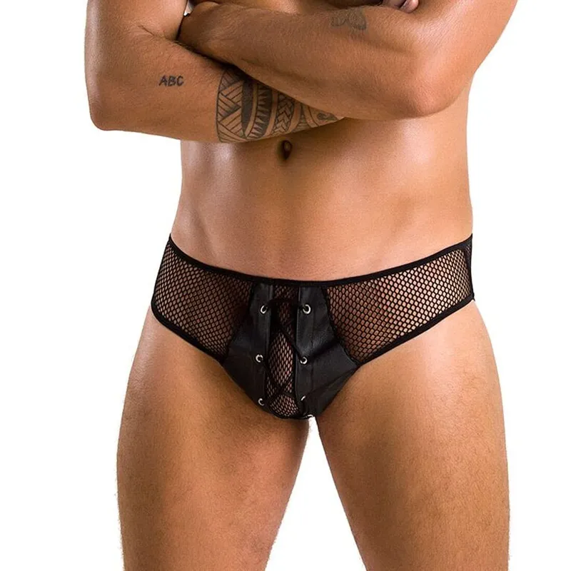 Чоловічі труси зі шнурівкою Passion Slip Richard XXL/XXXL, екошкіра, сітка