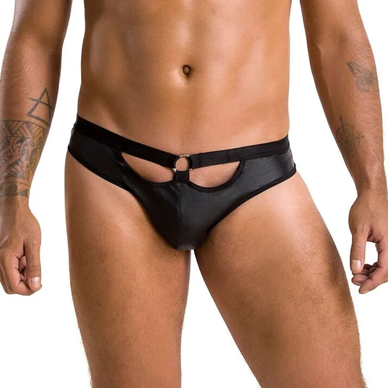 Чоловічі сліпи Passion Slip Joe S/M, екошкіра, чорні, відкриті сідниці