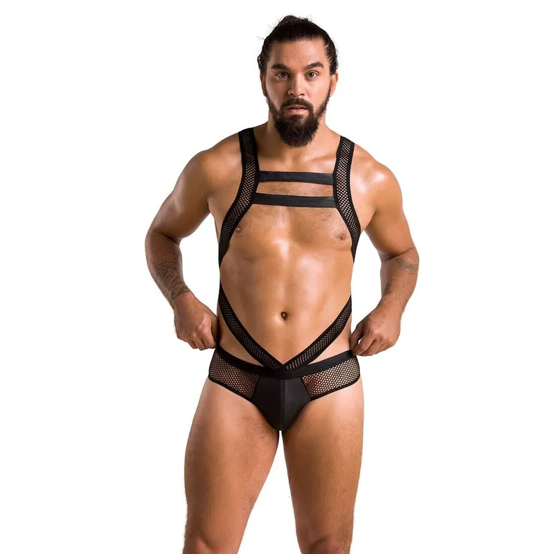 Чоловіче сітчасте боді Passion Victor L/XL, чорне, екошкіра та сітка