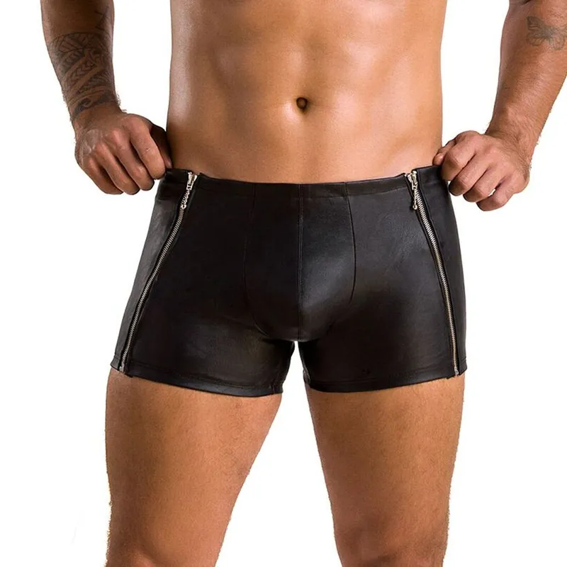 Чоловічі боксери з екошкіри з блискавками Passion Short Matt, S/M, чорні