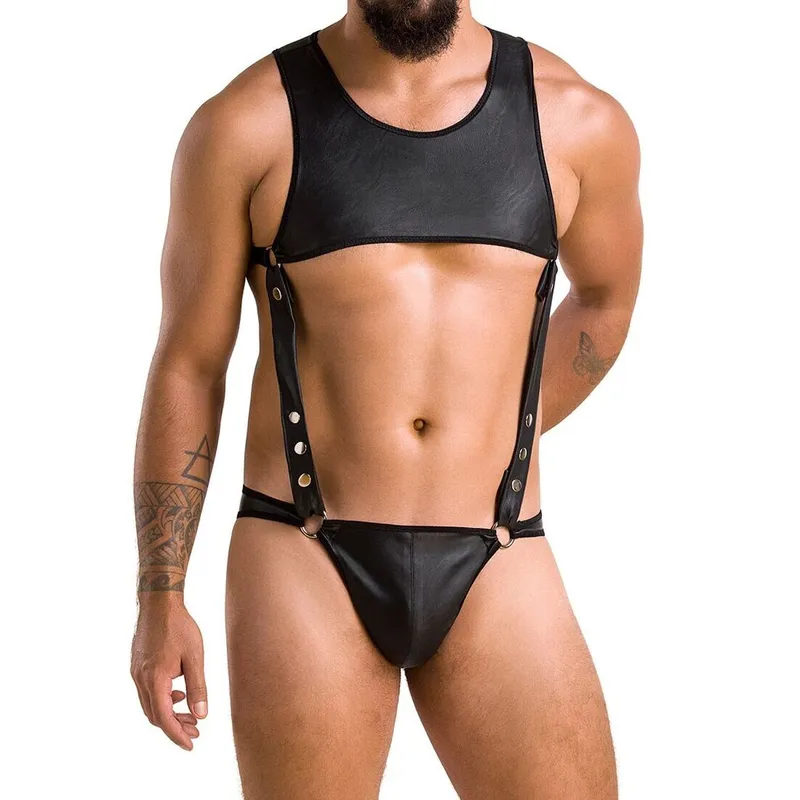 Чоловіче боді Passion Adam L/XL, чорне, з екошкіри