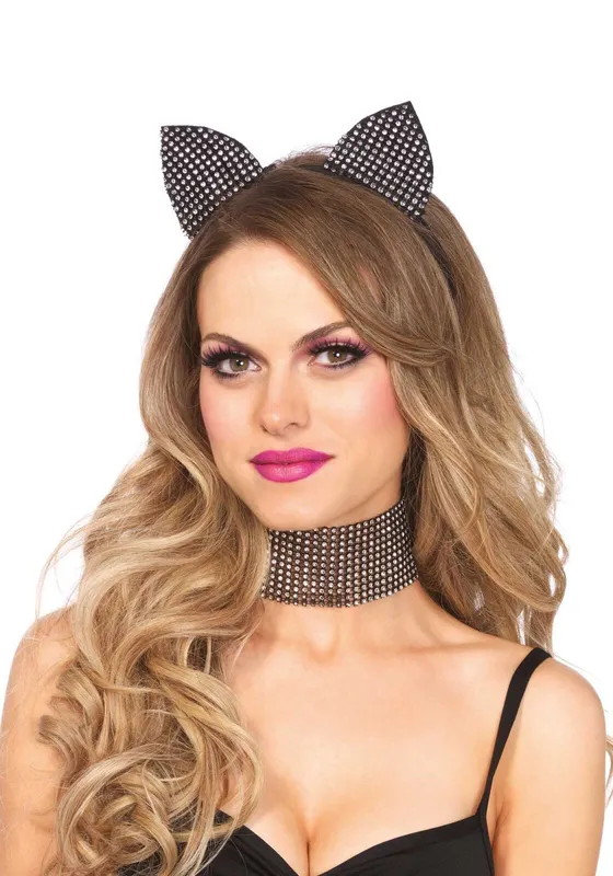 Набір кішечки Leg Avenue Cat ear headband & choker set: обідок з вушками та чокер зі стразами