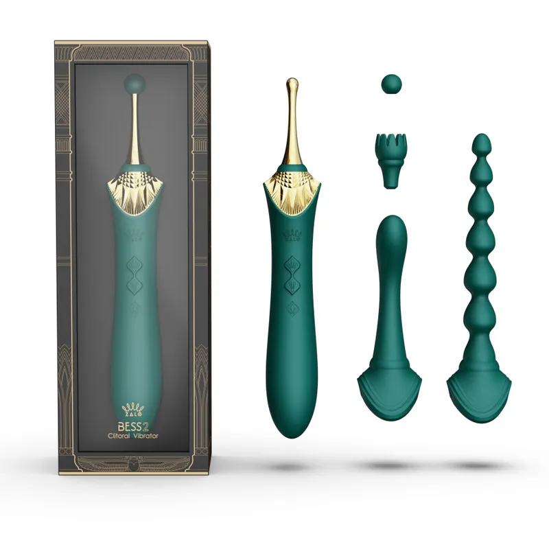 Мультифункціональний вібратор Zalo Bess 2 Turquoise Green, 4 насадки, підігрів