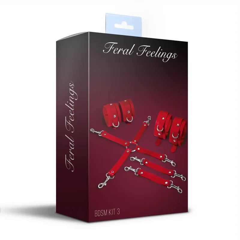 Набір для БДСМ Feral Feelings BDSM Kit 3 Red (наручники, поножі, хрестовина)