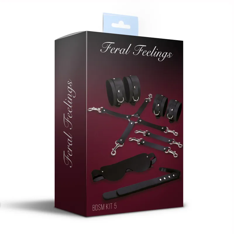 Набір Feral Feelings BDSM Kit 5 Black: наручники, поножі, хрестовина, маска, паддл