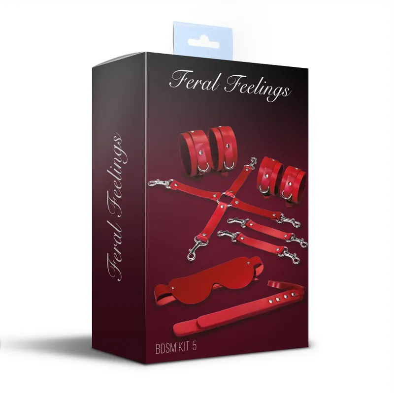 Набір Feral Feelings BDSM Kit 5 Red: наручники, поножі, хрестовина, маска, паддл