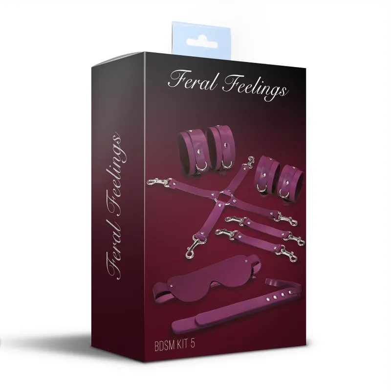 Набір Feral Feelings BDSM Kit 5 Burgundy: наручники, поножі, хрестовина, маска, паддл