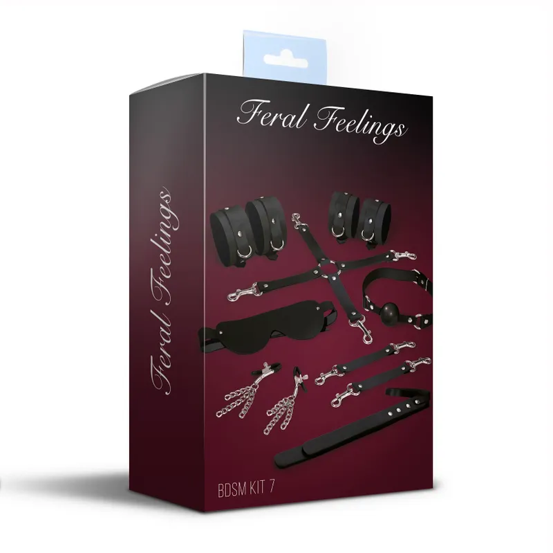 Набір Feral Feelings BDSM Kit 7 Black: наручники, поножі, конектор, маска, паддл, кляп, затискачі