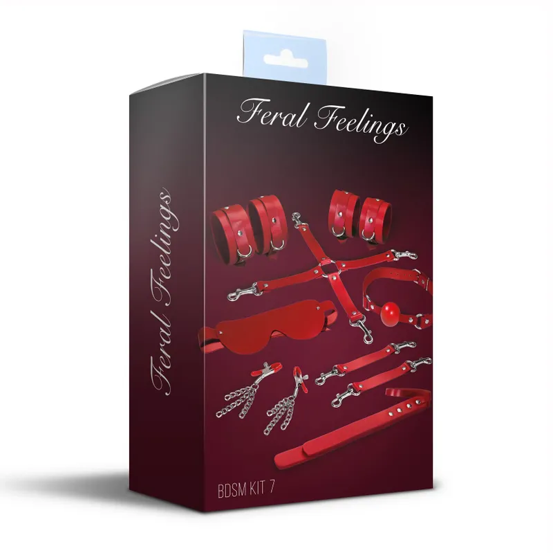 Набір Feral Feelings BDSM Kit 7 Red: наручники, поножі, конектор, маска, паддл, кляп, затискачі