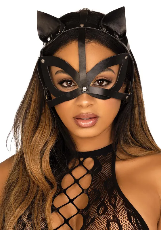 Маска кішки з екошкіри Leg Avenue Vegan leather studded cat mask, чорна