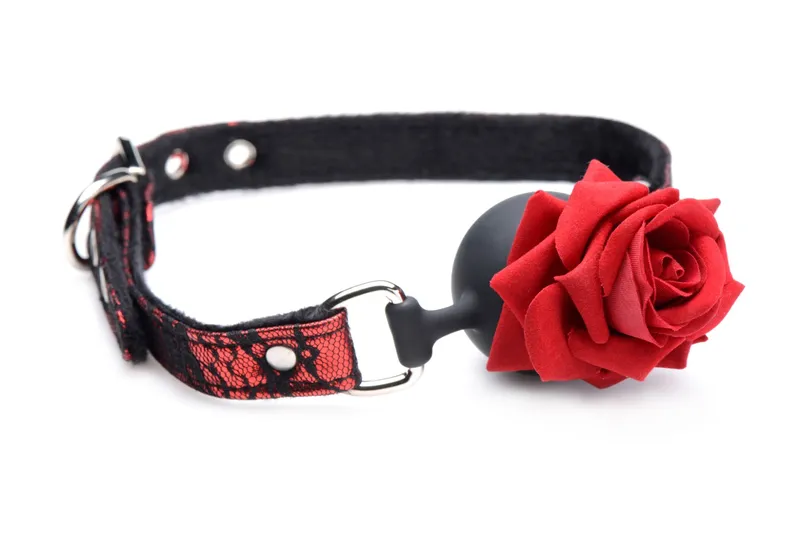 Кляп з трояндою Master Series Eye-Catching Ball Gag With Rose, чорно-червоний