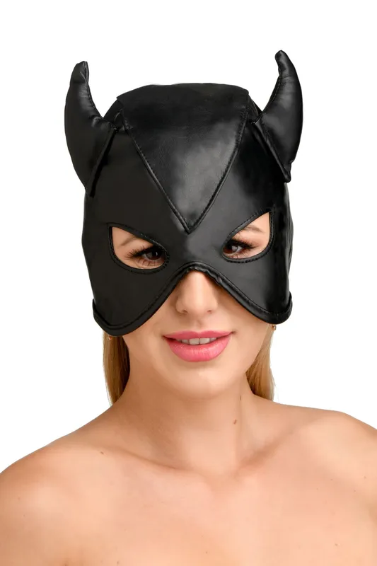 Маска з рогами Master Series Dungeon Demon Bondage Mask with Horns, чорна