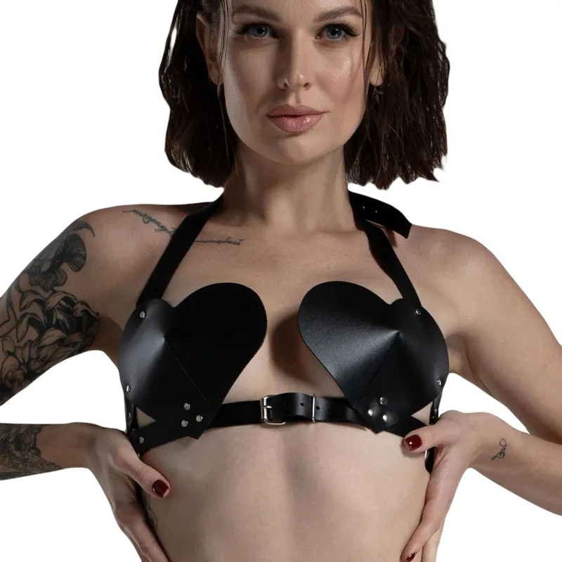 Ліф Feral Feelings Hearts Bra Black із натуральної шкіри