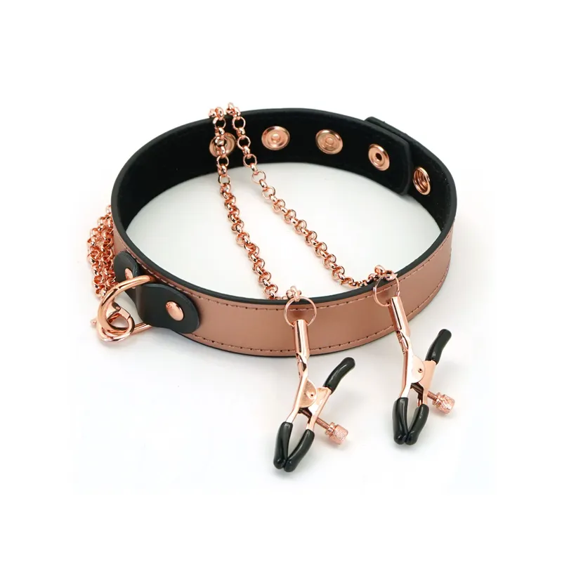 Нашийник із затискачами для сосків Liebe Seele Rose Gold Memory Collar, шкіра, рожеве золото