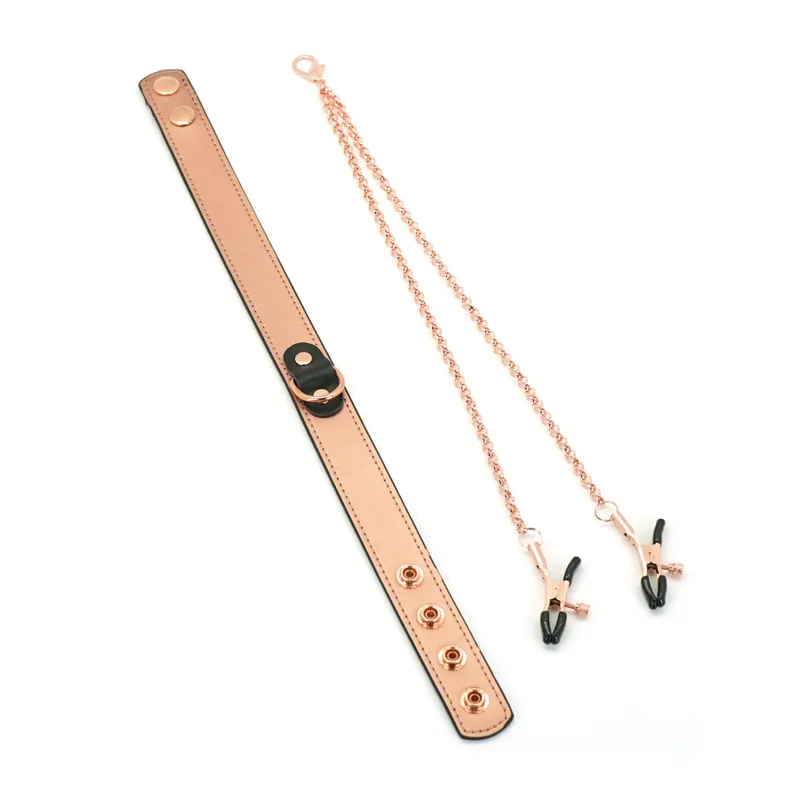 Нашийник із затискачами для сосків Liebe Seele Rose Gold Memory Collar, шкіра, рожеве золото