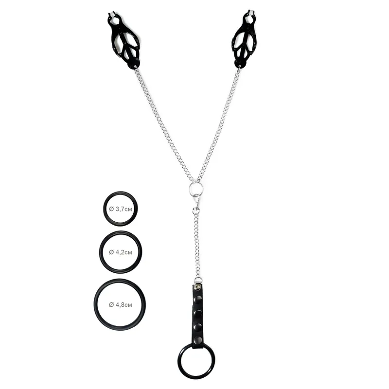 Затискачі для сосків Art of Sex Nipple Clamps for Men Black Clover з еректильним кільцем