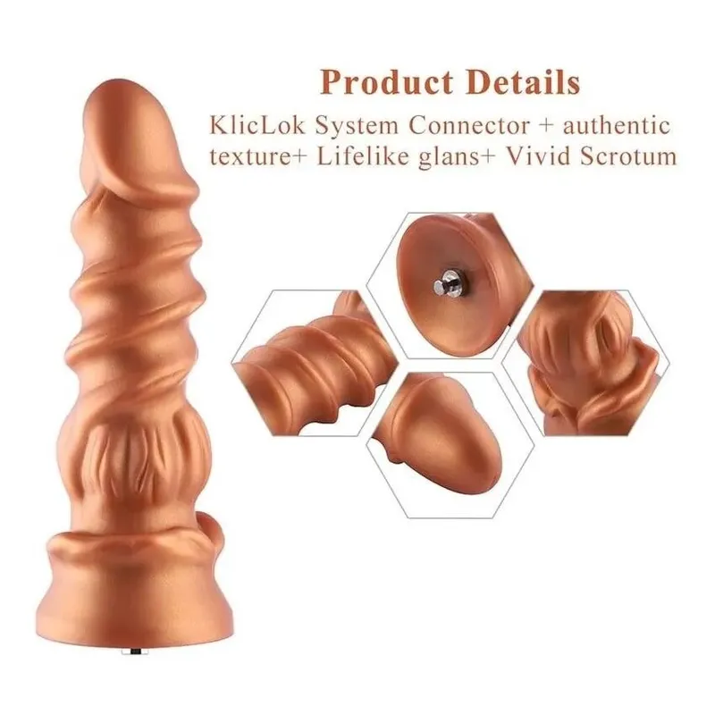 Фалоімітатор для секс-машин Hismith Spiral Grain Silicone Dildo Monster Series, золотистий