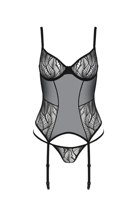Корсет Passion LEAFA CORSET black S/M з мереживними чашками та стрінгами