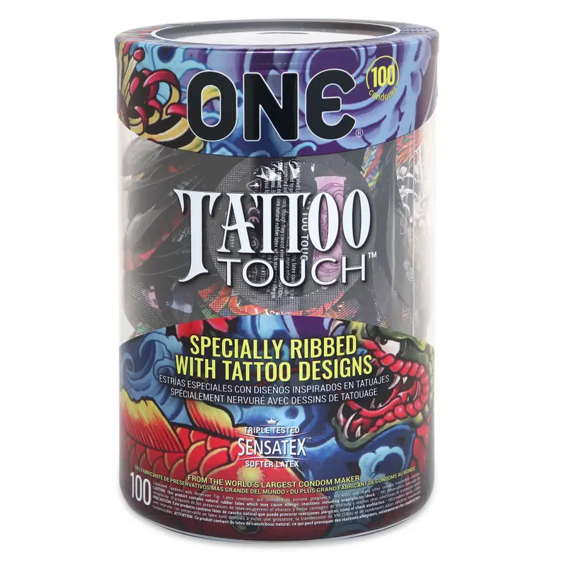 Набір презервативів ONE Tattoo Touch, 100 шт, з рельєфним малюнком у вигляді тату