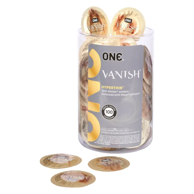 Презервативи ONE Vanish Hyperthin, 100 шт, ультратонкі, зі змазкою, упаковка-тубус
