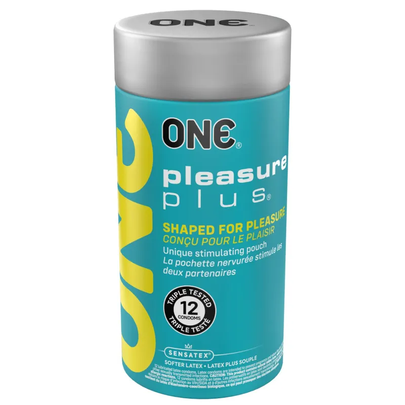 Презервативи ONE Pleasure Plus, 12 шт, з ребристою ділянкою на кінці, тубус