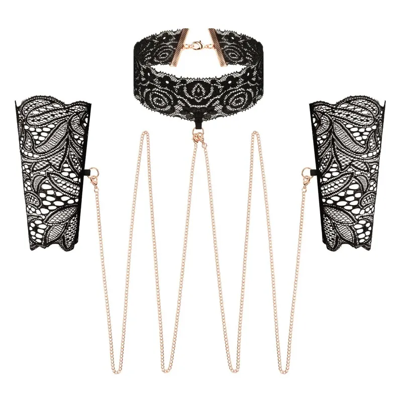 Мереживні наручники та комір Rosy Gold Lace Cuffs and Collar, чорні