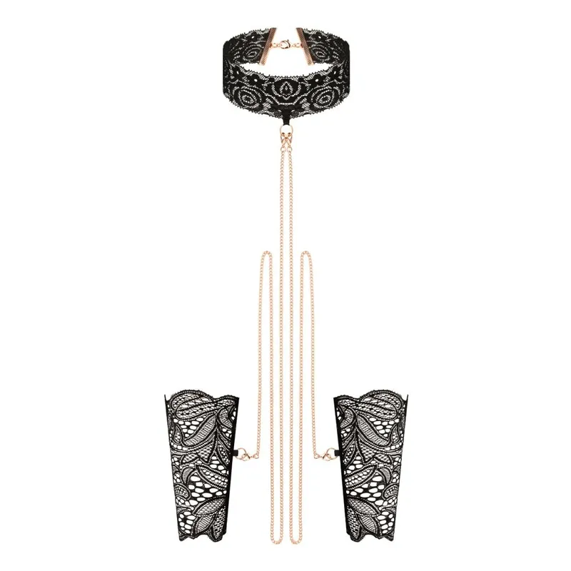 Мереживні наручники та комір Rosy Gold Lace Cuffs and Collar, чорні