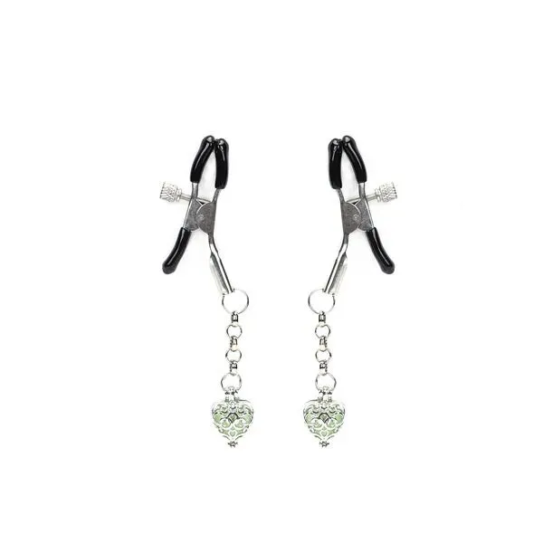 Затискачі для сосків Liebe Seele Glow-in-dark Nipple Clamps з сердечком, зелене світіння